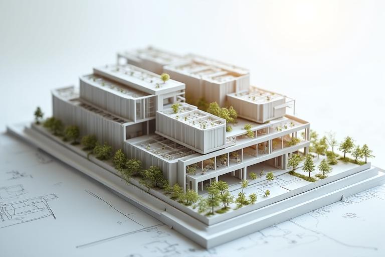 Maqueta arquitectónica de edificio moderno a escala
